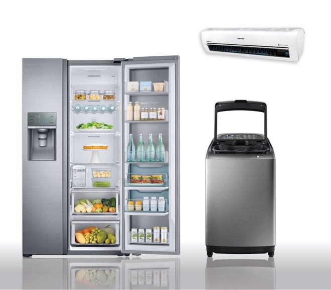 Bộ ba sản phẩm điện gia dụng thông minh, bền bỉ và tiết kiệm điện năng của Samsung: tủ lạnh Food Showcase, điều hòa tam diện và máy giặt Activ Dualwash.